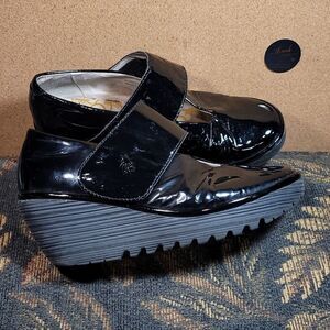 Fly London Women's Yan Mary Jane Black Patent Leather Wedges- Size 8-8.5 /39 EU